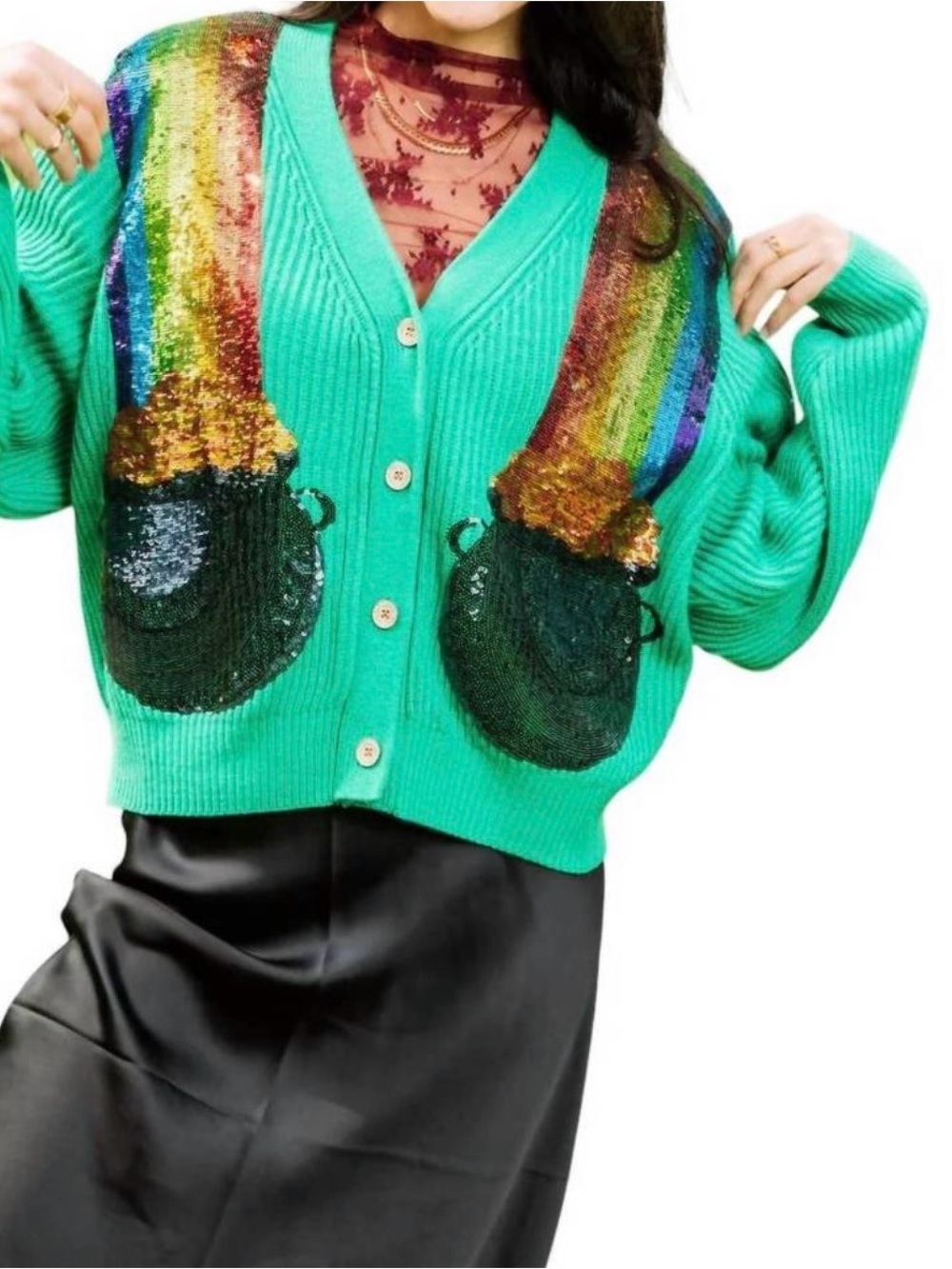 QUEEN OF SPARKLES Green Sequin Rainbow Pot-Accent Button Cardigan